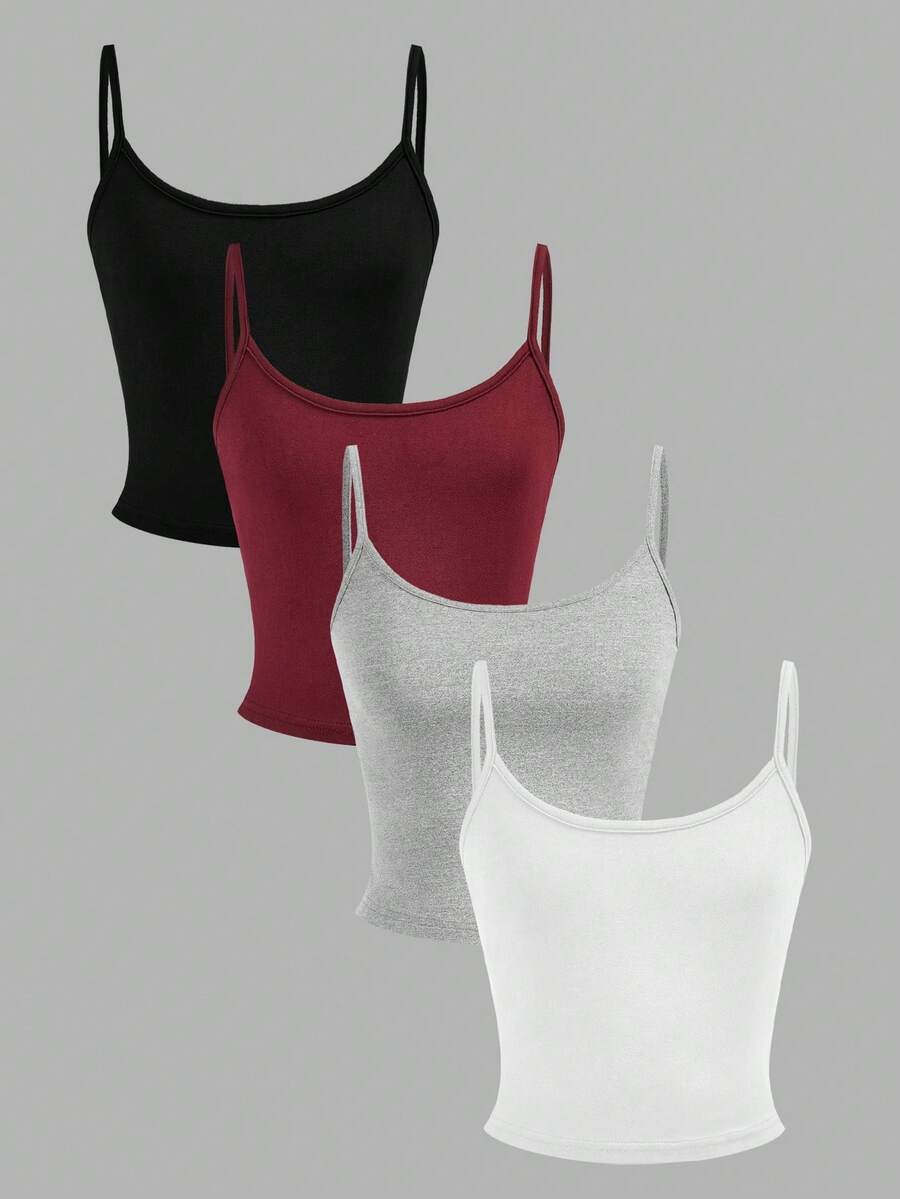 Tween Girl Casual Sports Minimalist Basic Knit Solid Color Fitted Cropped Tank Tops 4pcs Set Tween Girl - Burgundy - View 1