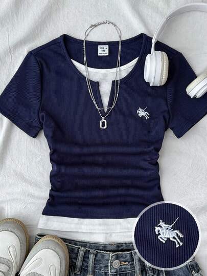 SHEIN 少女海军蓝白拼接褶皱腰身修身小Logo印花短袖针织休闲T恤