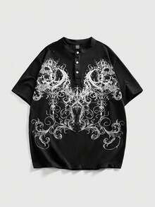 ROMWE MEN Goth Men's Casual Henley Neck Printed Short Sleeve T-Shirt, Summer - Black - View 2