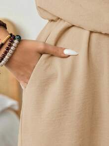 SHEIN LUNE 大码纯色V领短袖前开襟宽松休闲夏季连体裤女装两件套休闲女装夏季两件套女装两件套女装度假套装女装夏季亚麻两件套大码女装休闲两件套 - 杏色 - 查看 5