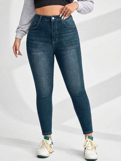 Damen Jeans in Große Größen mit hoher Taille, Taschen und schmalem Schnitt, vielseitig einsetzbar