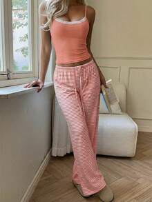 CovetEZ 女士夏季珊瑚橙色蕾丝拼接吊带背心和条纹印花抽绳裤两件套 - 珊瑚橙 - 查看 5