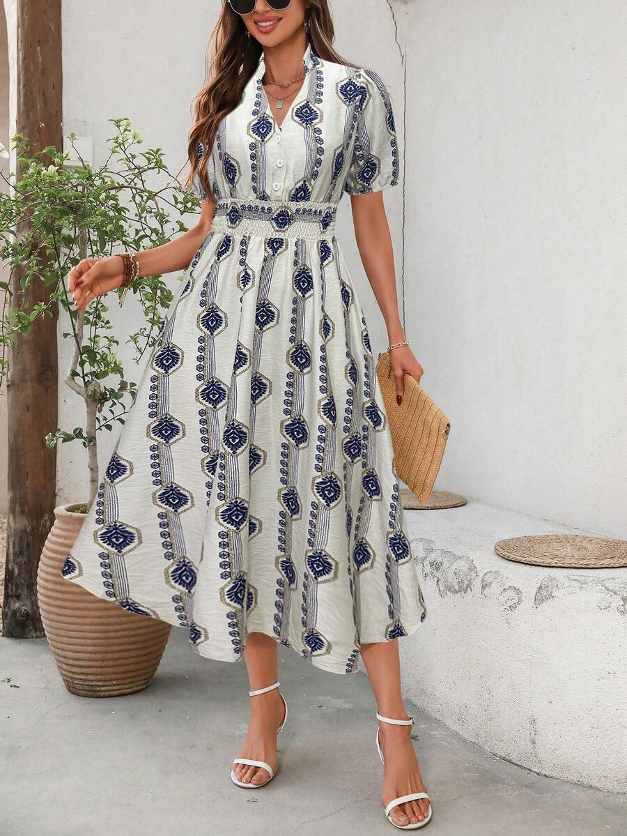 SHEIN LUNE Women's Vintage Geometric Print Shirred Petal Sleeve Cinched Waist Dress, Summer - Multicolor - View 1