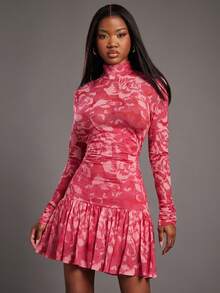 NYA SZN 长袖高领修身连衣裙，粉色花卉图案，玫瑰花图案，适合春假、旅行、约会、活动、特殊场合、派对等场合，迷你裙长，女士服装 - 紅色 - 查看 7