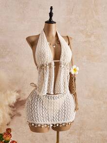 Bellisia 时尚女士泳装套装，性感比基尼搭配高腰系带泳裤，配纱笼裙，适合海滩、度假，饰有海星和贝壳图案，网红风夏季女装，度假套装，沙滩派对装，泳衣，罩衫，新娘送礼会礼服 - 杏色 - 查看 4