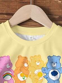 SHEIN X Care Bears Conjunto de camiseta casual versátil de manga corta y cuello redondo con estampado de dibujos animados lindos para niñas jóvenes - Blanco - Ver 3