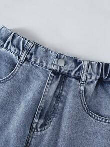 SHEIN Jeans estilo Y2K para niñas preadolescentes, jeans rectos y sueltos en azul claro, blanco, rosa, amarillo con diseño de bordado de mariposa, tela suave y cómoda, de moda y versátil - Lavado ligero - Ver 3