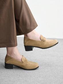 CUCCOO BIZCHIC Retro Small Leather Shoes Round Toe Thick Heel Shoes Women's Camellia Metal Buckle Simple Versatile Loafers Women's Commuting Valentine's Day - Apricot - View 1