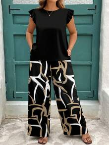 SHEIN CURVE+ Plus Size Summer Simple Solid Ruffle Trim Top And Abstract Geometric Print Casual Pants 2 Pieces Set, Loose Fit - White - View 5