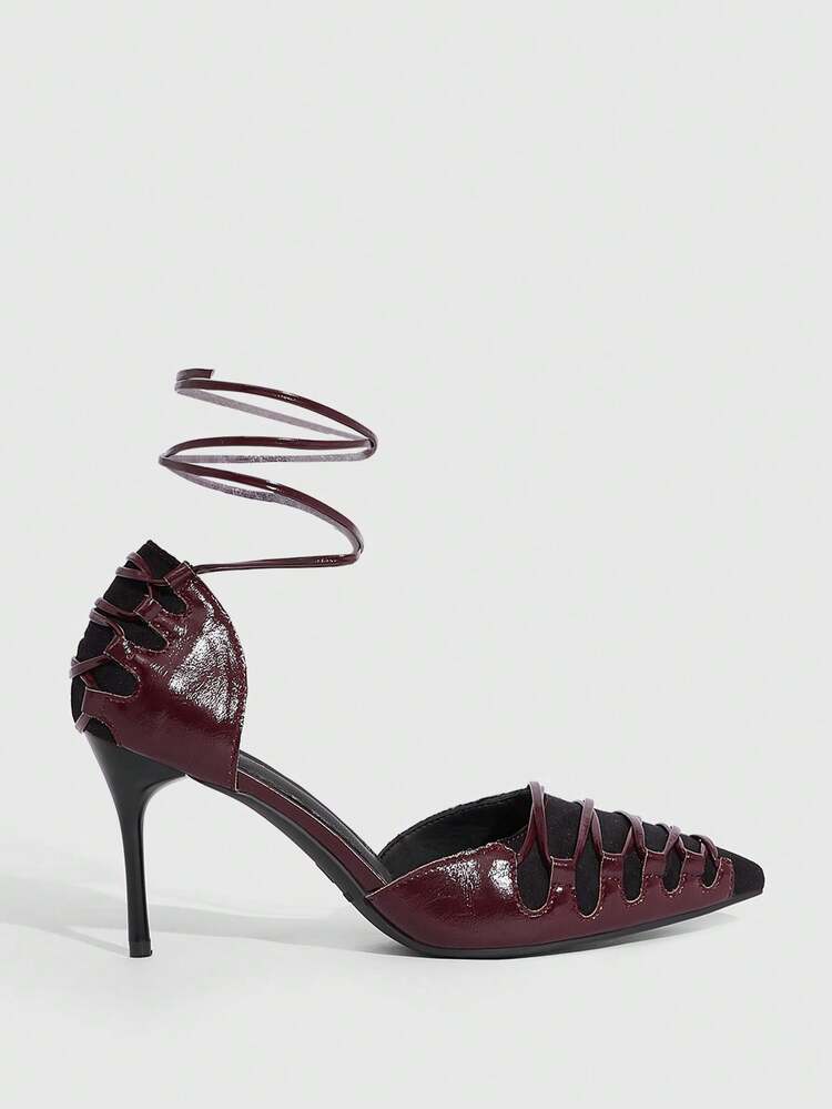 CUCCOO SZL Burgundy Patent Leather Lace-Up Hollow-Out Pointed Toe High Heels, Sexy Retro, Niche Criss-Cross Strap Design, Hollow Vamp Adds Uniqueness, Suitable For Women Pursuing Individuality, Liking Retro Style Or Niche Outfits, Can Be Worn For Dates, Parties Or Other Occasions To Showcase Charm, Also Can Add Highlights To Daily Outfits. Prom Heels