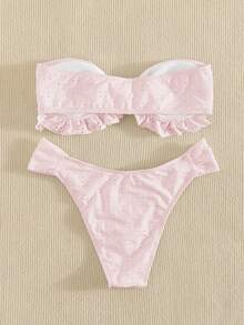Swim Basics Summer Beach Schiffy Knot Front Bandeau Bikini Set - Baby Pink - View 3