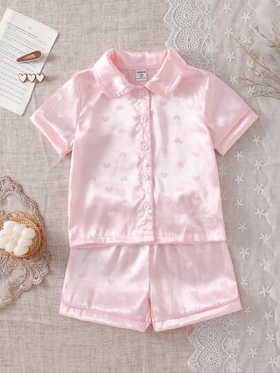 2pcs Girls Sleepwear Set, Soft & Comfortable Heart Print Short Sleeve Top And Shorts With Trim Design