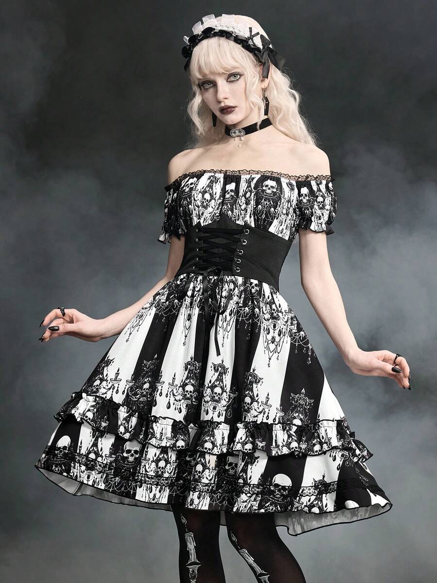 ROMWE Gothic Skull Candle Print Contrast Lace Off-Shoulder Mini Dress - Black and White - View 1