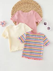 Cozy Pixies 3件套女婴碎花印花柔软针织圆领短袖上衣套装 - 彩色 - 查看 2