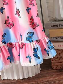 SHEIN Sparklyn 少女彩虹条纹印花无袖荷叶边下摆休闲度假连衣裙 - 彩色 - 查看 4