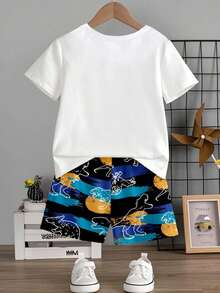 Young Boys' Casual Summer White T-Shirt And Shorts Set,Creative Multi-Color Dinosaur Graphic Print Refreshing Minimalist Comfortable Basic Outfit - Multicolor - View 2