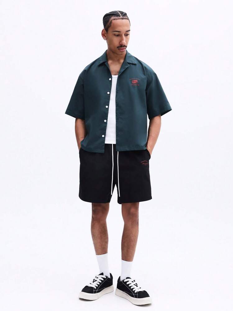 SUMWON Forest Green Short Sleeve Button Up Shirt And Black Shorts Co-Ord Set With Chest Logo For Casual Summer Style
