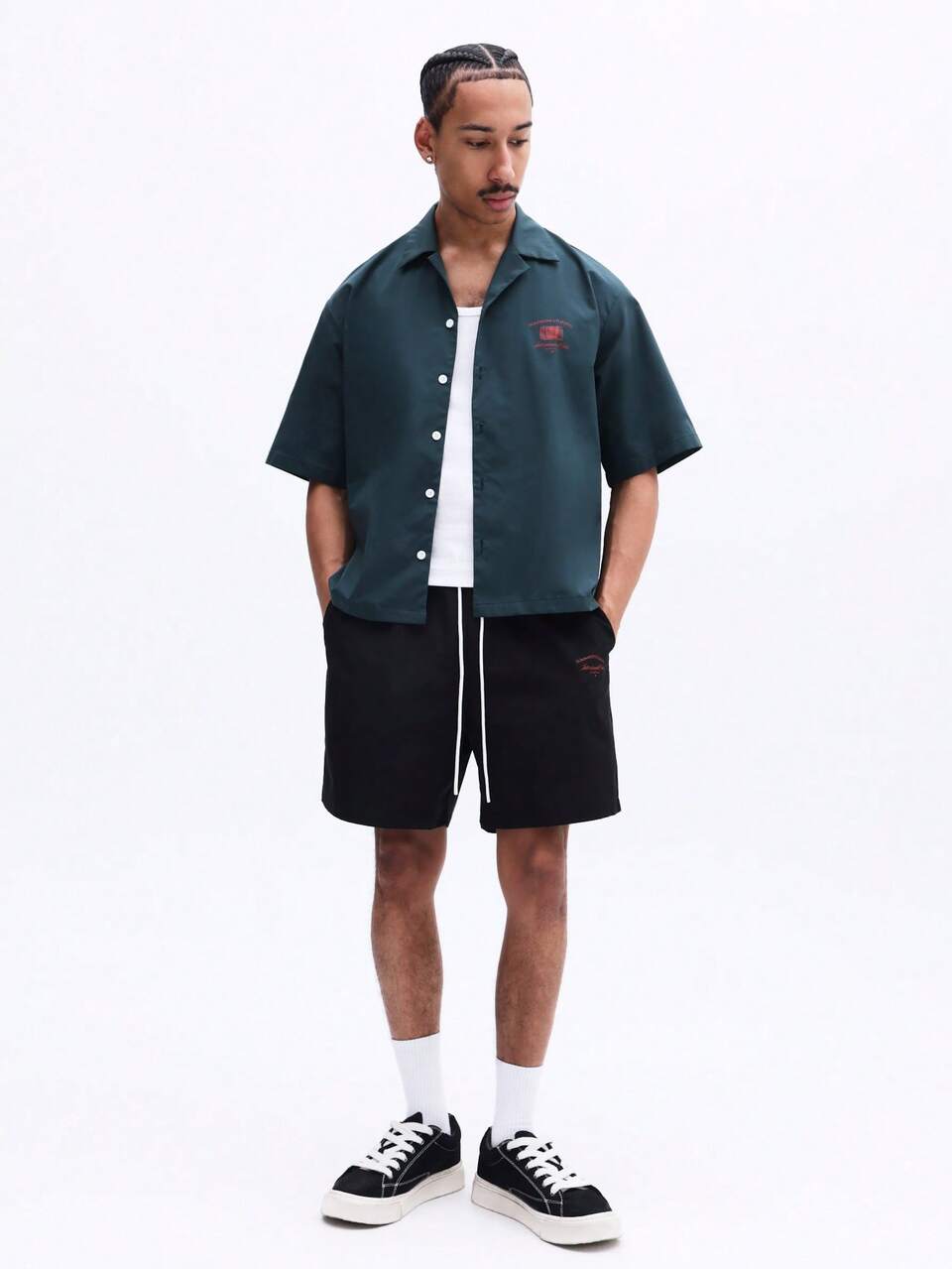 SUMWON Forest Green Short Sleeve Button Up Shirt And Black Shorts Co-Ord Set With Chest Logo For Casual Summer Style