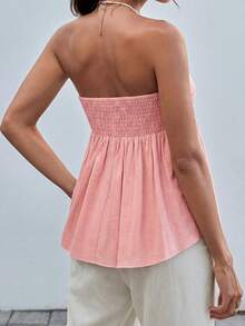 SHEIN EZwear 女士时尚纯色抹胸A字上衣，女士休闲荷叶边下摆，褶皱吊带修身莲花粉色人造丝纯色衬衫，春夏，派对/夜店装 - 藕粉色 - 查看 2
