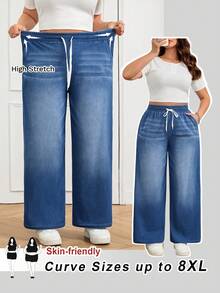 SHEIN CURVE+ Plus Size Women Drawstring Waist Wide Leg Loose Casual Versatile Jeans Spring To Summer Valentine's Day Carnival Costume Commuting Vacation Graduation Chic Y2k Cute Streetwear Party Wedding Elegant Business Casual Woman Loose Fit Women's Blue Wash Denim Wide Leg Jeans With Adjustable Drawstring - Blue - View 10