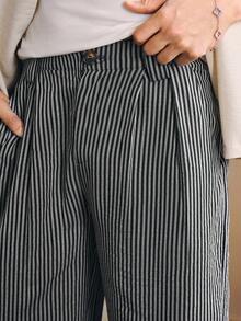 SWAVVY Celana Panjang Pria Ukuran Standar, Model Lurus, Lipit, Kasual, Serbaguna, Bergaris, Longgar, Celana Lipit, - Hitam - View 4