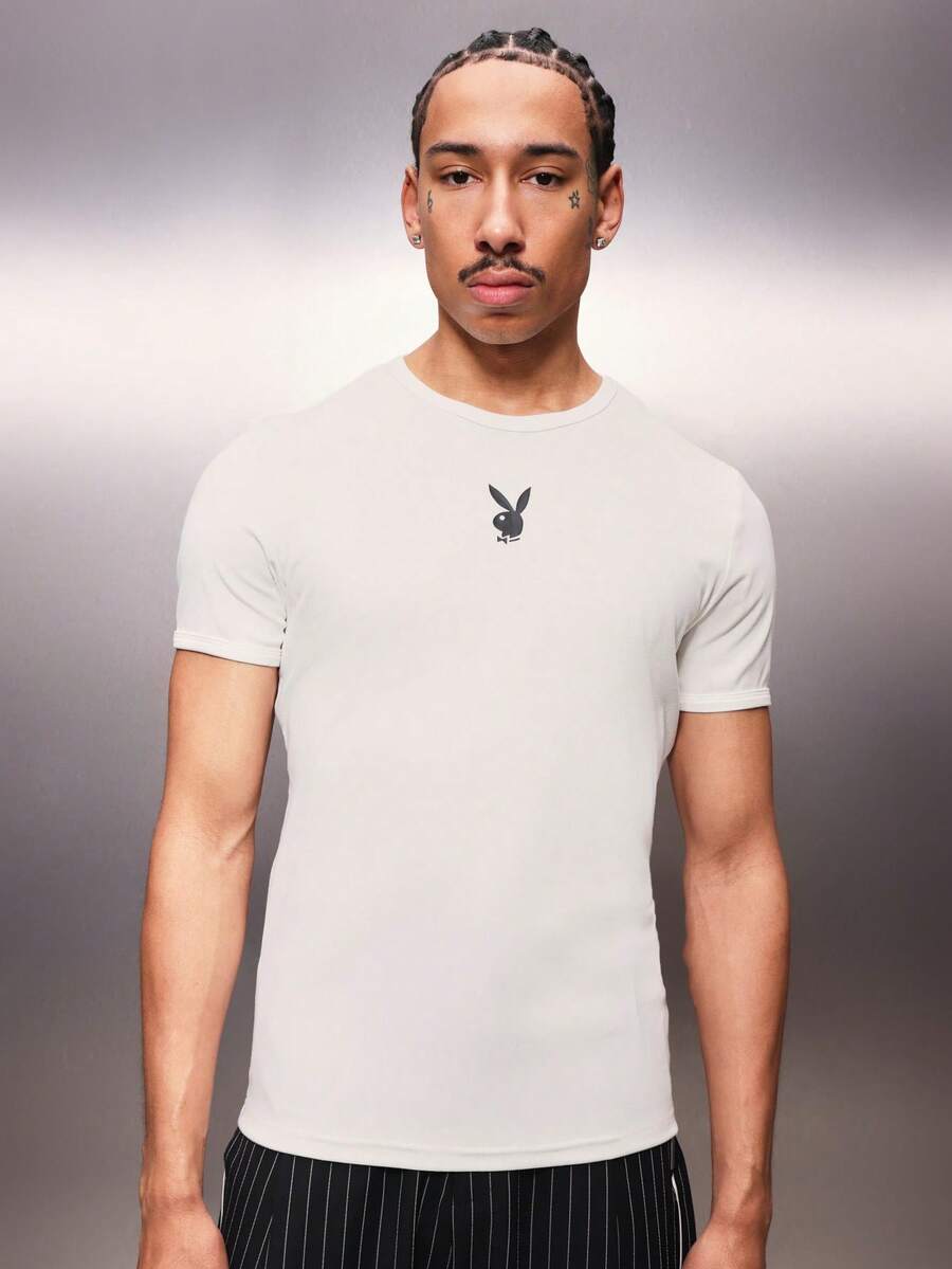 PLAYBOY X SUMWON Bunny Logo Crew Neck Short Sleeve Muscle Tee Ribbed Casual Streetwear Summer Essential White Regular Fit Men's T-Shirt - White - View 1
