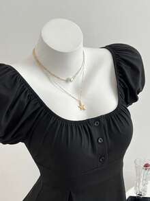 Elamini Women's Casual Versatile Square Neck Ruched Black Short Sleeve T-Shirt, Spring/Summer - Black - View 1