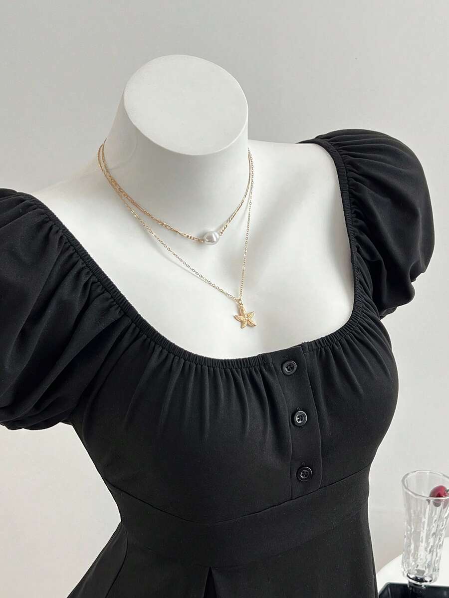 Elamini Women's Casual Versatile Square Neck Ruched Black Short Sleeve T-Shirt, Spring/Summer - Black - View 1