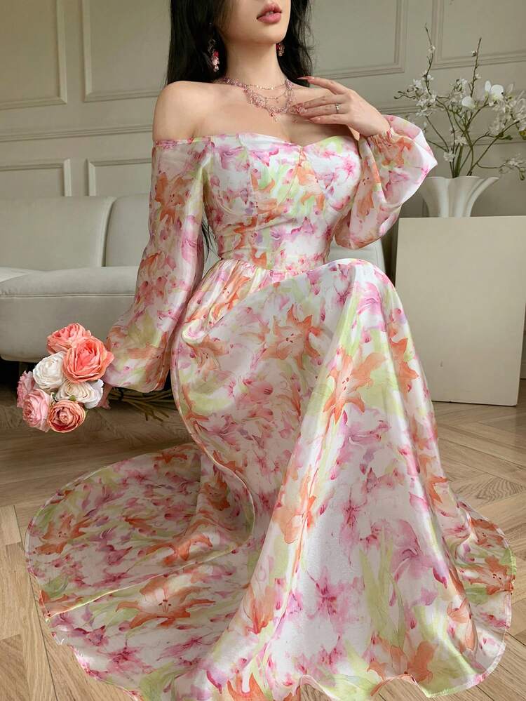 Spring & Summer Off Shoulder Ditsy Floral Chiffon Dress, Elegant For Valentine's Day, Wedding, Party, Casual, Vacation, Waist Cinched Short Sleeve Midi Dress For Women Sundress Boho