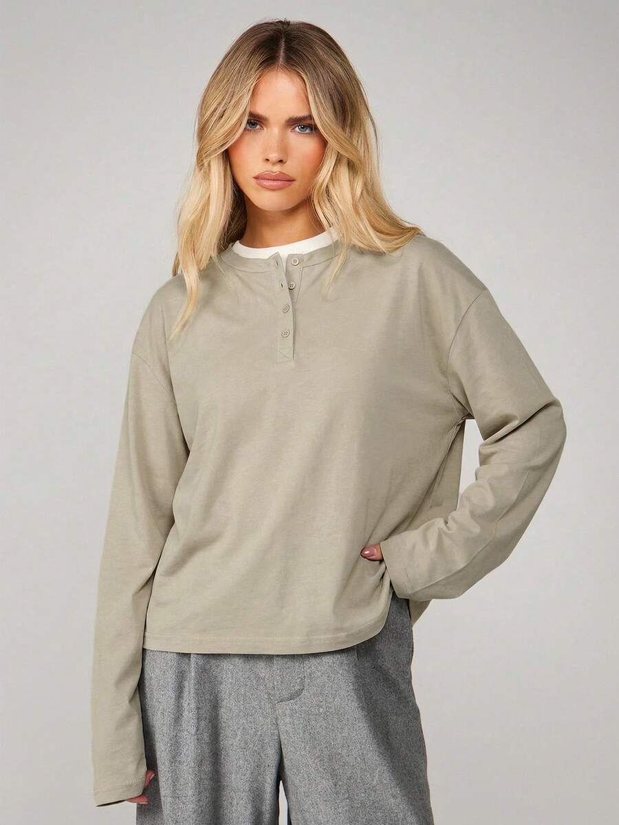 MISSGUIDED Button Through Long Sleeve Pullover Top With Henley Collar And Ribbed Cuffs For Casual Autumn Winter Layering - Apricot - View 1