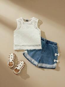 SHEIN 三件套女童优雅纯色钩针镂空流苏圆领无袖背心、蝴蝶结口袋短裤、白色无袖上衣和牛仔短裤，可爱乡村度假夏季套装 - 白色 - 查看 5