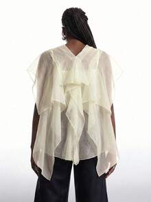 LYSMO 大码女式咖啡棕色荷叶边领纽扣前襟网纱拼接优雅波西米亚风衬衫 - 淡黃色 - 查看 2