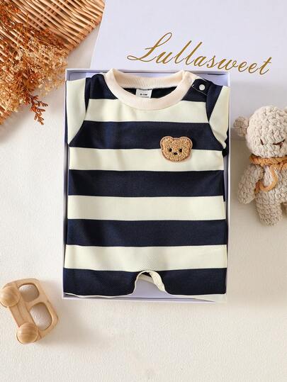 SHEIN Newborn Baby Boy's Black And White Striped Round-Neck Long-Sleeved Teddy Bear Pattern Jumpsuit, Fashionable, Casual, Simple And Cute