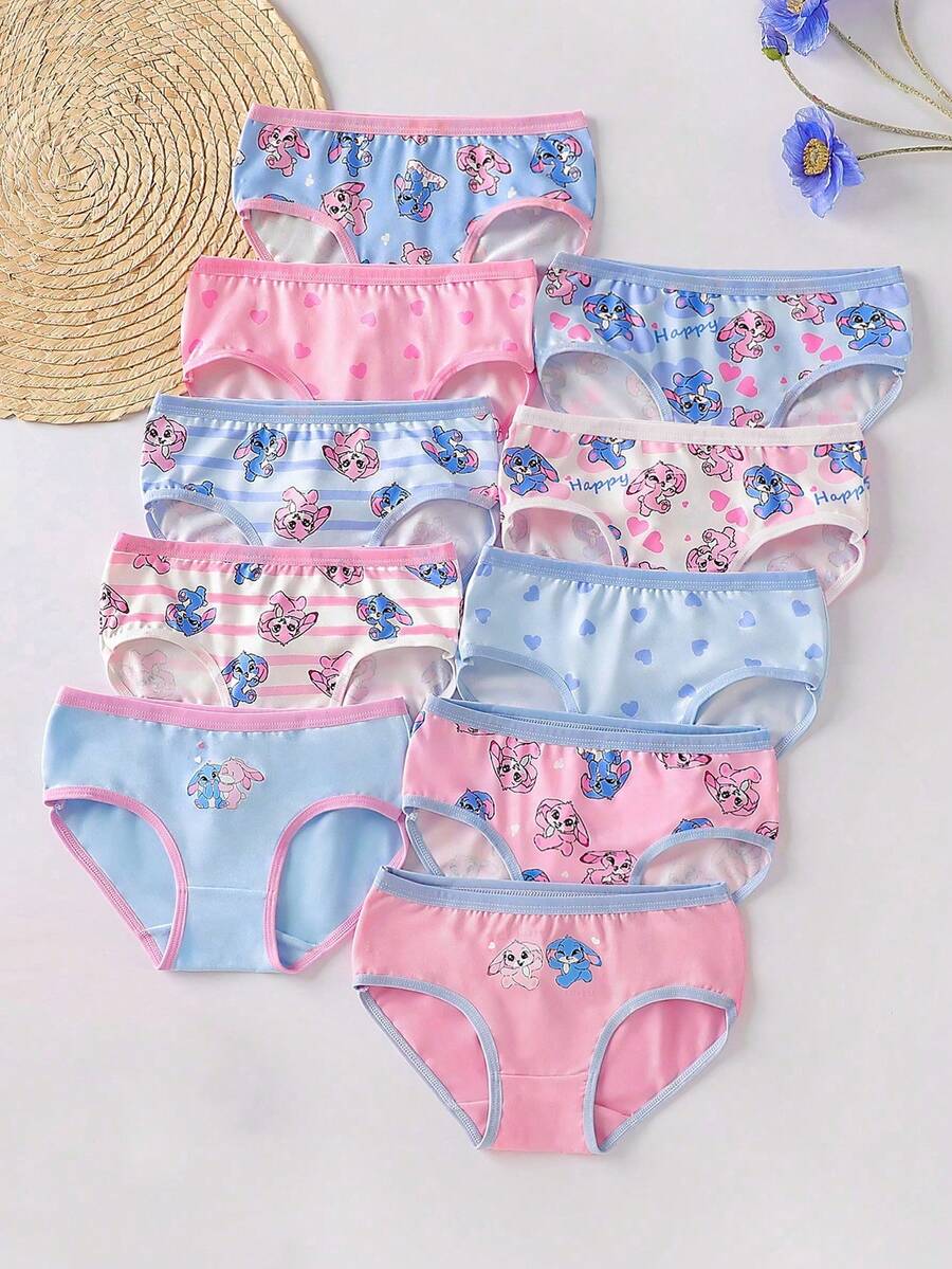 SHEIN Bộ 10 chiếc quần lót trẻ em gái in hình động vật hoạt hình dễ thương, họa tiết thỏ nhiều màu sắc, thích hợp cho mùa hè. - Nhiều màu - Xem 1