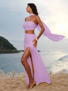 Opulessa Đầm dệt kim màu trơn, thiết kế khoét eo, xẻ tà, ôm sát cơ thể dành cho nữ. - Màu tím  Violet - Xem 5
