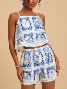 SHEIN TRVLCHIC 女士黑白印花休闲两件套，适合日常穿着、度假、岛屿度假等场合，也适合假日、下午茶、婚礼季、海滩度假等。 - 藍白色 - 查看 3