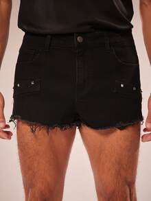 FeverCity 男士水洗弹力宽松牛仔短裤 - 黑色 - 查看 3