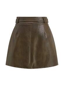 Ellevyn Casual Women's Brown Plain Woven Fabric Mini Skirt With Zipper Detail - Brown - View 8