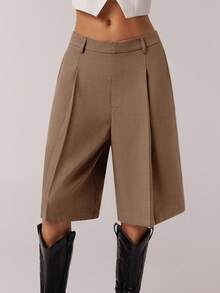 SHEIN Forever 21 Women's Simple Casual Commuter Khaki Bermuda Shorts, Summer Work Business - Mocha Brown - View 5
