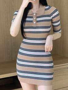 DAZY Striped Polo Collar Bodycon Dress, Waist Cinched Slim Fit Summer Knit Dress For Women - Khaki - View 1