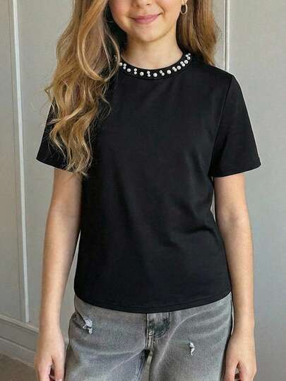 SHEIN Teen Girl Casual Studded Round Neck Short Sleeve Top