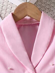 SHEIN Genkimix Kids 少女夏季时尚仿珍珠装饰西装背心和褶皱吊带连衣裙套装 - 玫紅色 - 查看 7