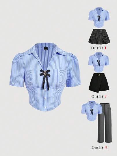 SHEIN MOD Women's Vintage Blue And White Striped Waist Ruffle Short Sleeve Shirt,Spring/Summer,Retro, Casual, Bow Decor Collar, Suitable For Daily Wear,  Back To School Shirt, Office Attire,  Frank Oshinsky Style, Ladies Shirt, College Style Top,Rave Festival Outfit, Work Uniform,