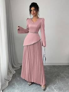 Modelyn 女士蓝色梭织收腰褶裥喇叭连衣裙 - 粉色 - 查看 7