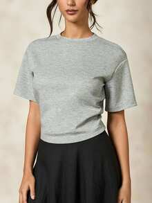 Briarwyn Áo nữ tay ngắn màu trơn, kiểu dáng thường ngày, thích hợp cho mùa hè. - Xám - Xem 5