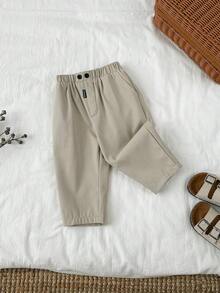 SHEIN 男婴/女婴休闲卡其色松紧腰带口袋校裤/长裤/裤子 - 卡其色 - 查看 3