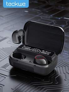 Teckwe 无线耳机，LED显示屏，Hi-Fi音质，3D立体声，全自动配对，兼容AAC，符合人体工学设计，防水，深黑色 - 黑色 - 查看 1
