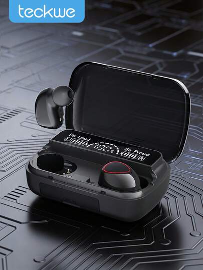 Teckwe 无线耳机，LED显示屏，Hi-Fi音质，3D立体声，全自动配对，兼容AAC，符合人体工学设计，防水，深黑色