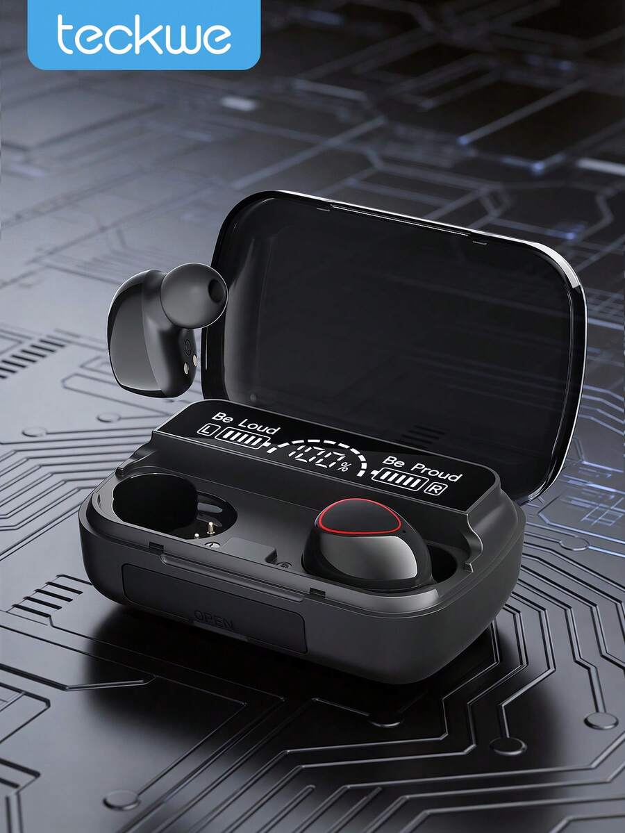 Teckwe 无线耳机，LED显示屏，Hi-Fi音质，3D立体声，全自动配对，兼容AAC，符合人体工学设计，防水，深黑色 - 黑色 - 查看 1