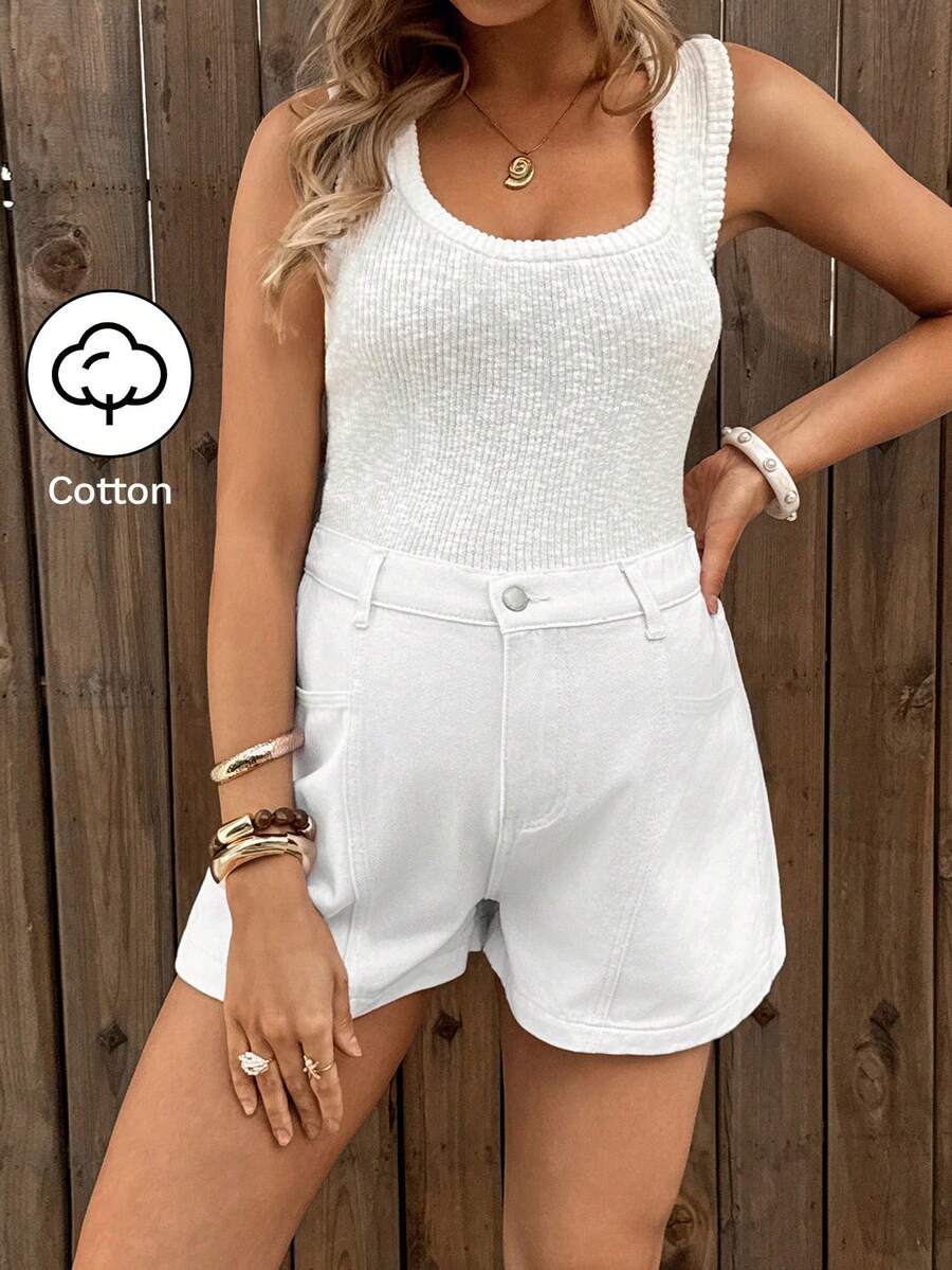 SHEIN Pregnant Women's Casual Versatile Everyday Denim Shorts With Pockets And Buttons - White - View 1